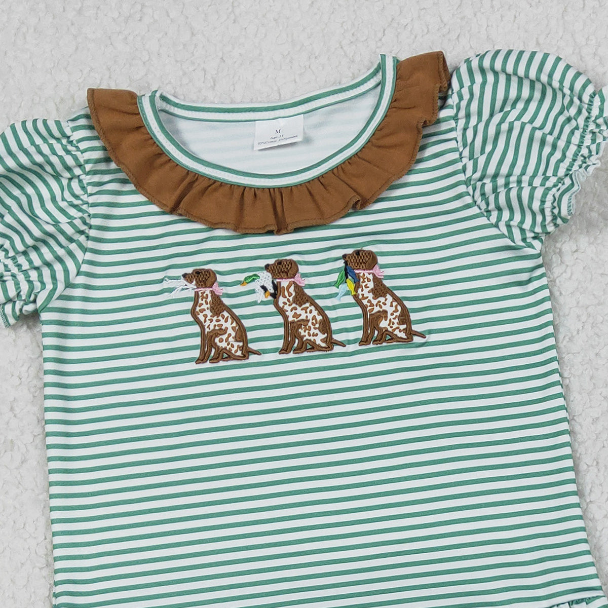 Baby Girls Hunting Clothes Sets Embroidery Ducks Dogs Stripe Collar Tunic Ruffle Shorts Outfit for Little Girls