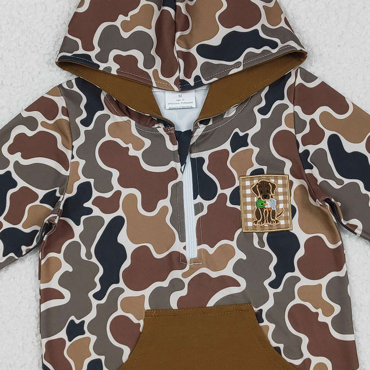 Baby Girls Brown Camo Zip Hoodie with Embroidery Dog Ducks Design And Pocket Hunting Top for Little Girls