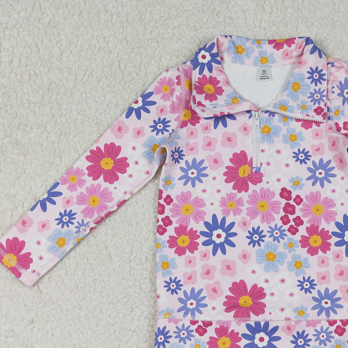 Baby Girls Zipper Pullover Yoga Top with Pink Blue Daisy Flowers Active Top for Kids