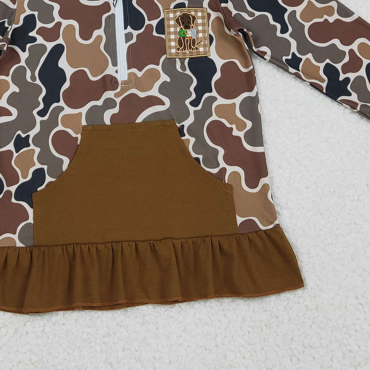 Baby Girls Brown Camo Zip Hoodie with Embroidery Dog Ducks Design And Pocket Hunting Top for Little Girls