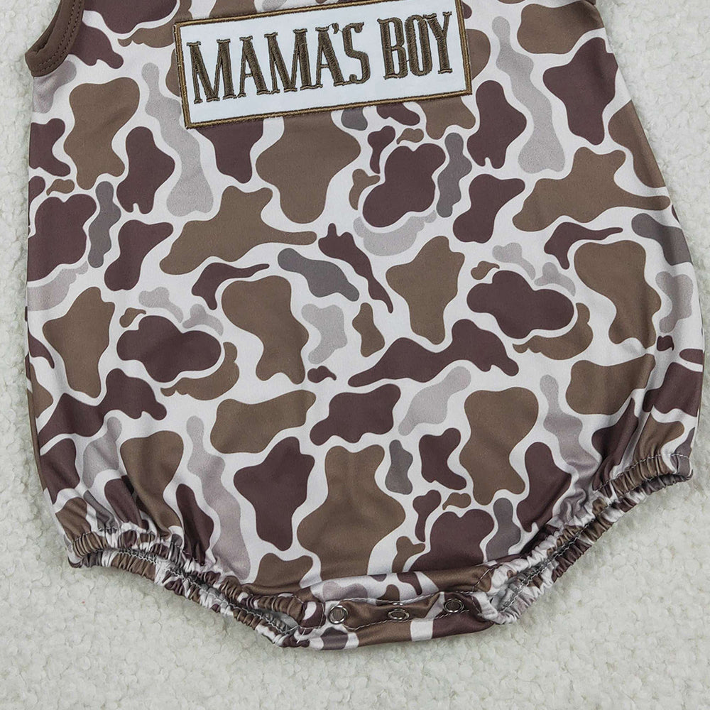 RTS NO MOQ（In Stock ) SR3889 Embroidery Mama's Boy Southern Brown Camo Sleeveless Rompers