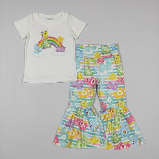 GSPO1189 Cartoon bear star rainbow white short sleeve colorful striped trousers suit