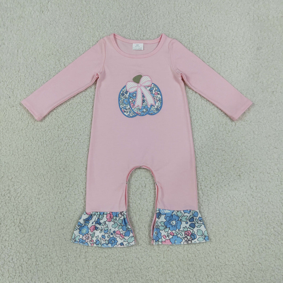 pink long sleeve floral pumpkin embroidery girl romper