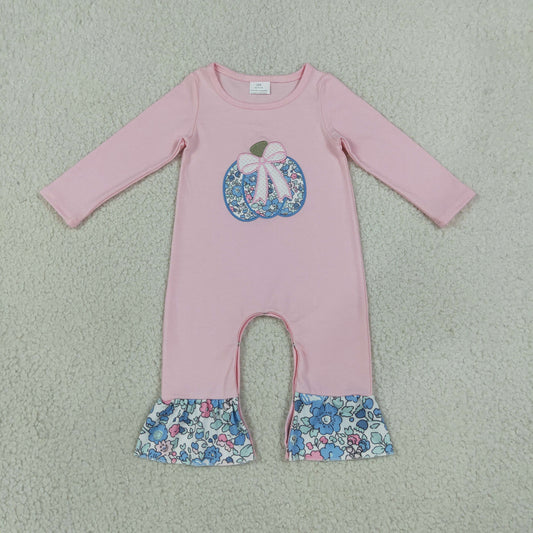 pink long sleeve floral pumpkin embroidery girl romper