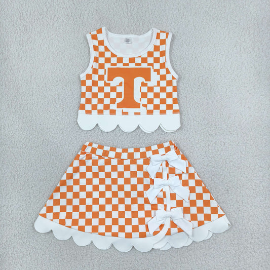T orange check scallop athletic skort outfit girls clothing