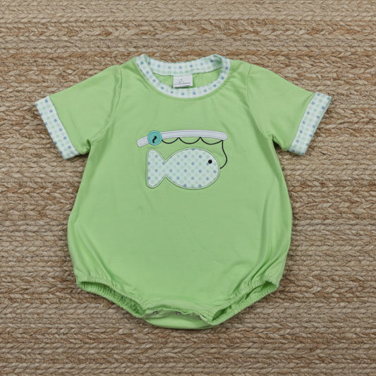 SR3750 embroidery green go fishing bubble romper baby boy clothes