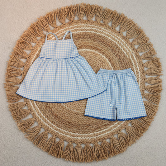 blue gingham suspender shorts set summer girl clothing
