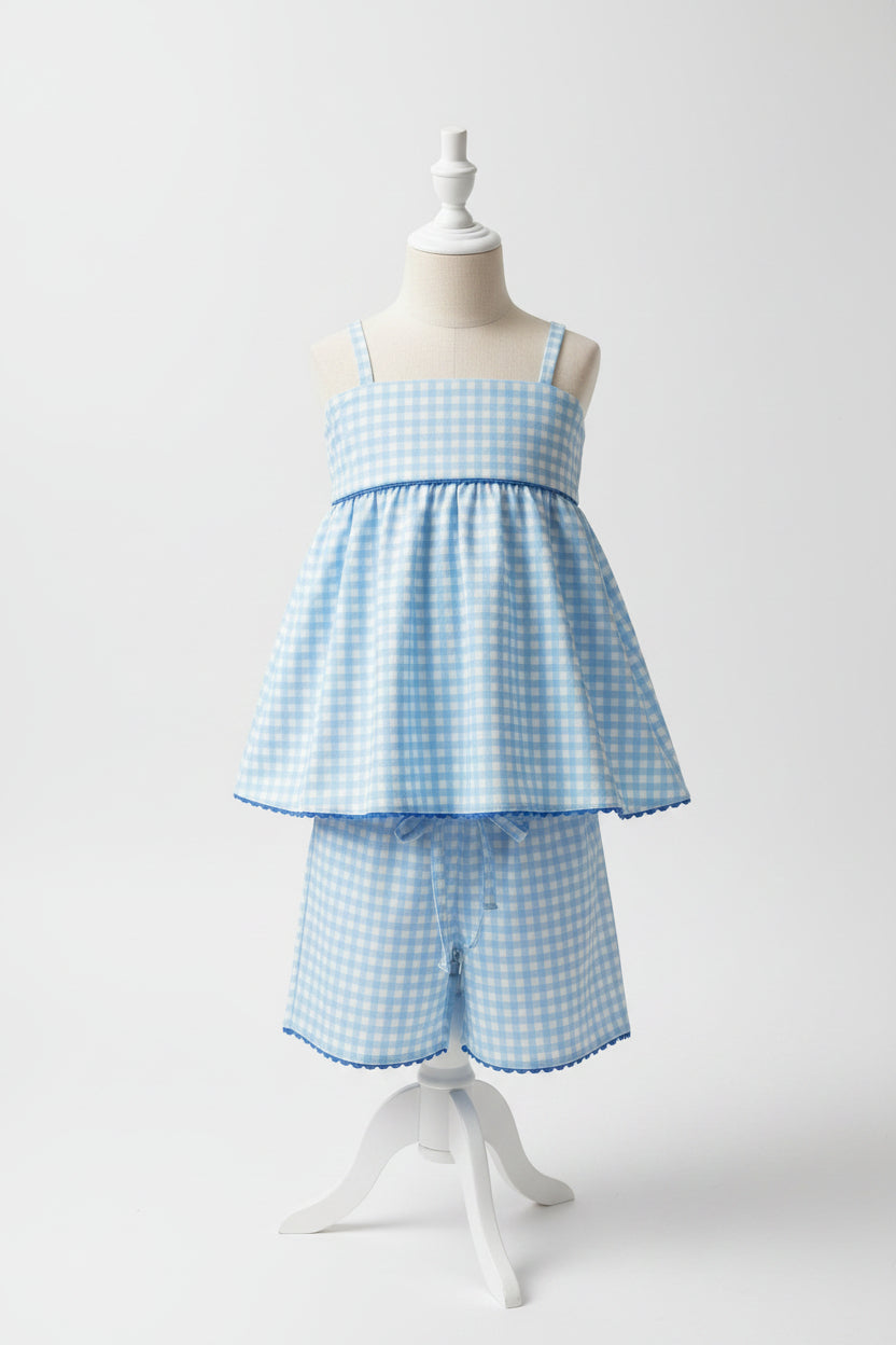 blue gingham suspender shorts set summer girl clothing
