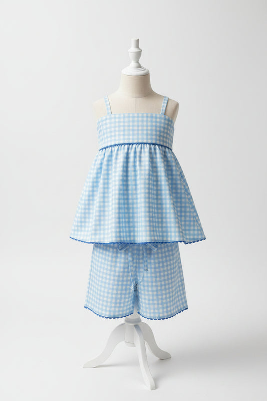 blue gingham suspender shorts set summer girl clothing