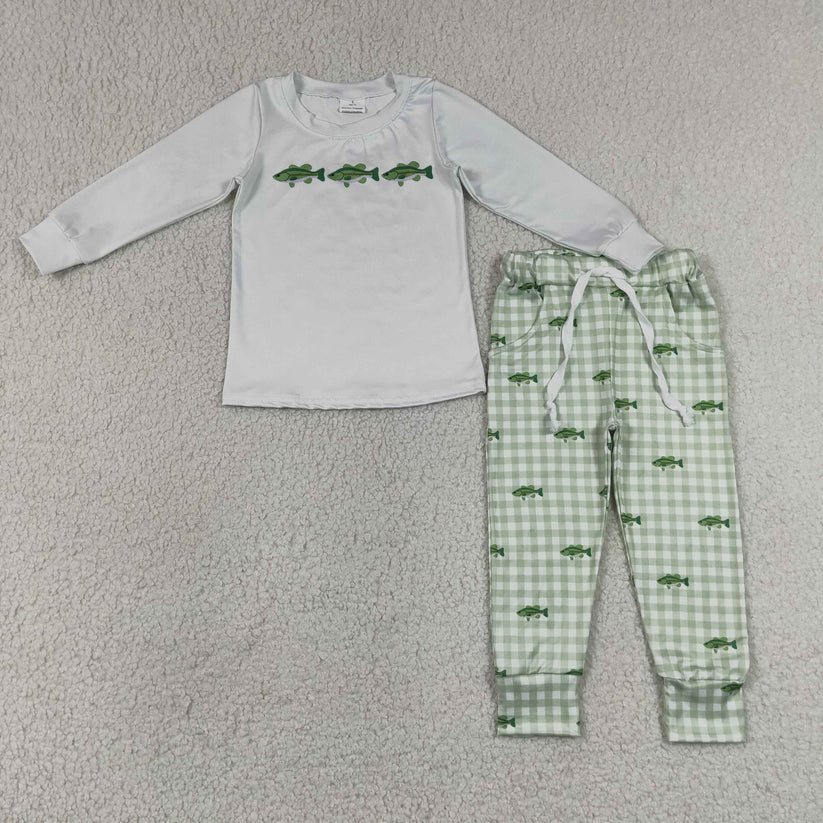 fish print long sleeve shirt gingham joggers for the boys
