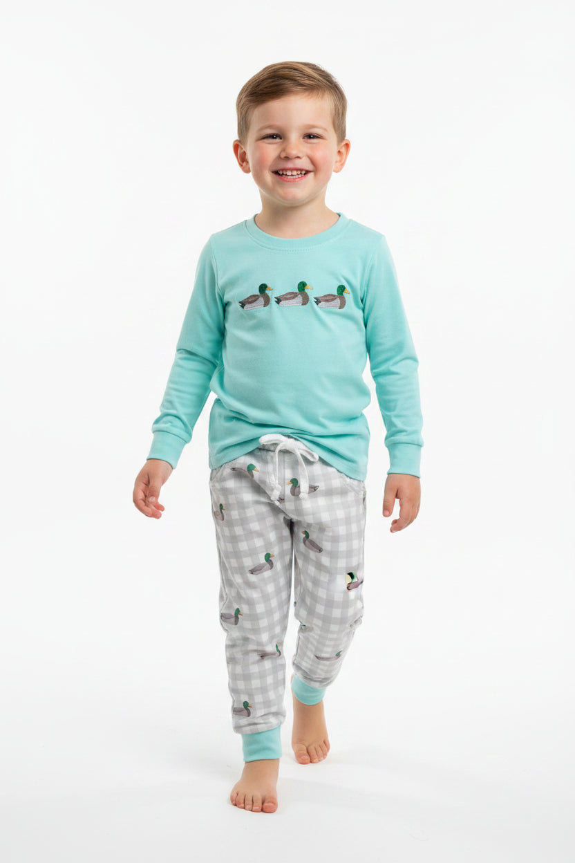 blue long sleeve duck embroidery joggers boy outfit