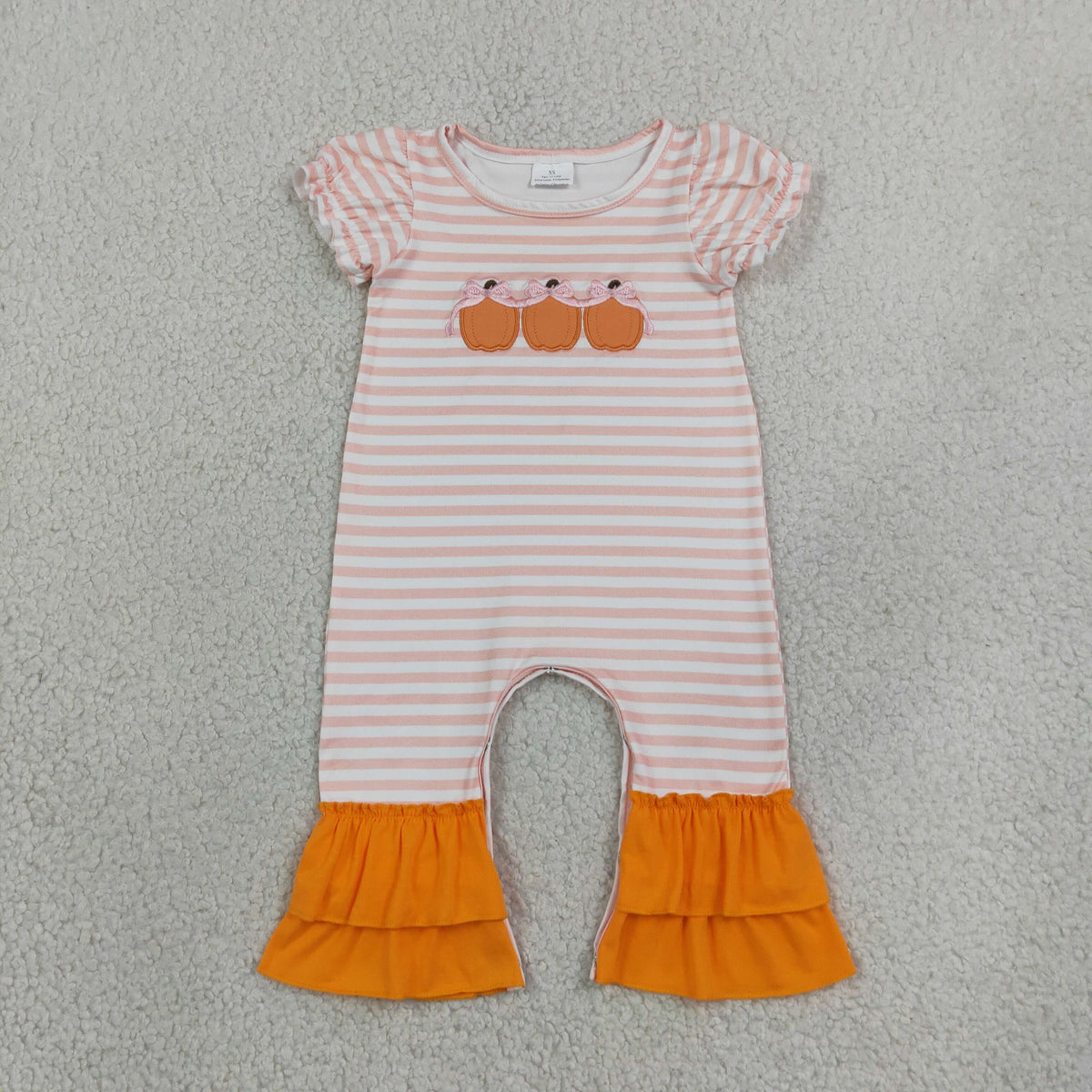 stripe short sleeve pumpkin embroidery girl romper
