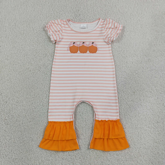 stripe short sleeve pumpkin embroidery girl romper