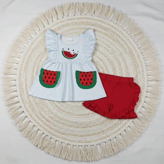watermelon embroidery ruffle shorts set summer girl clothing