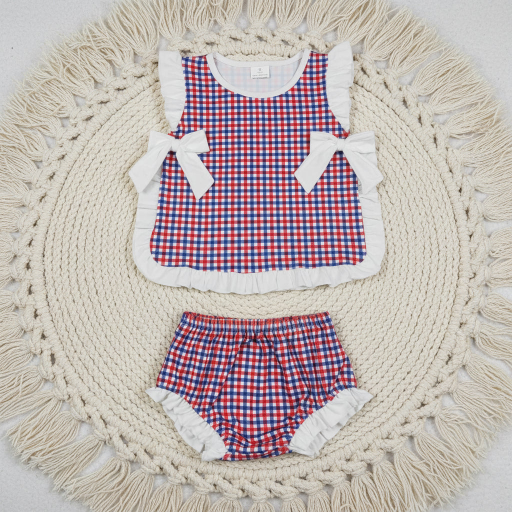sleeveless red white blue gingham ruffle bummie set