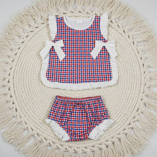 sleeveless red white blue gingham ruffle bummie set