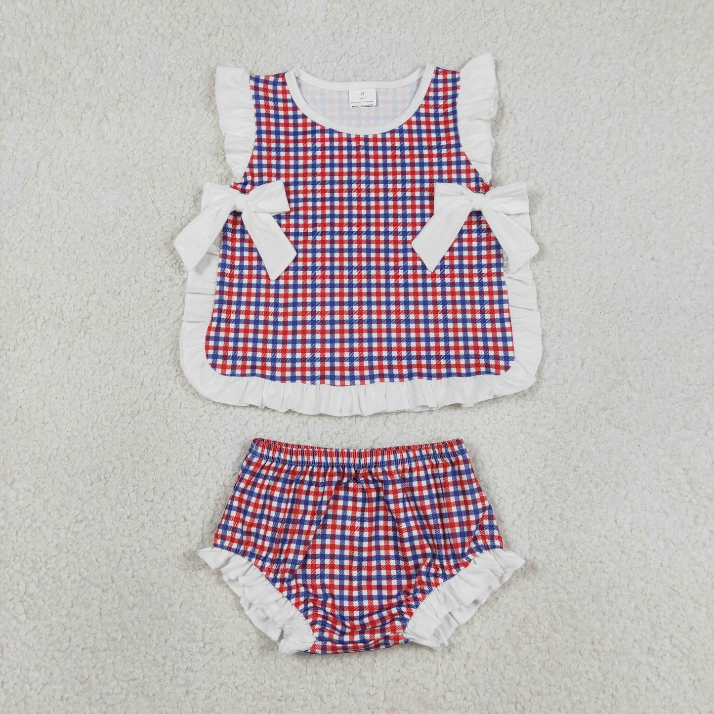 sleeveless red white blue gingham ruffle bummie set