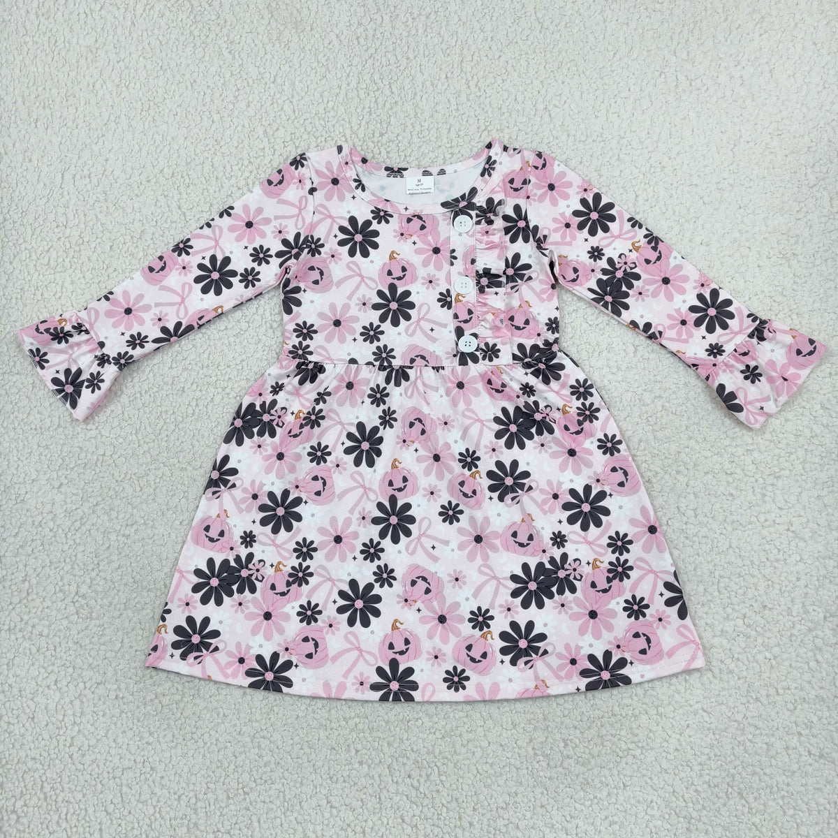 GLD1637 girls Halloween black pink flower button long sleeve dress