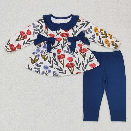 GLP0798 Floral navy blue bow long-sleeved trousers suit