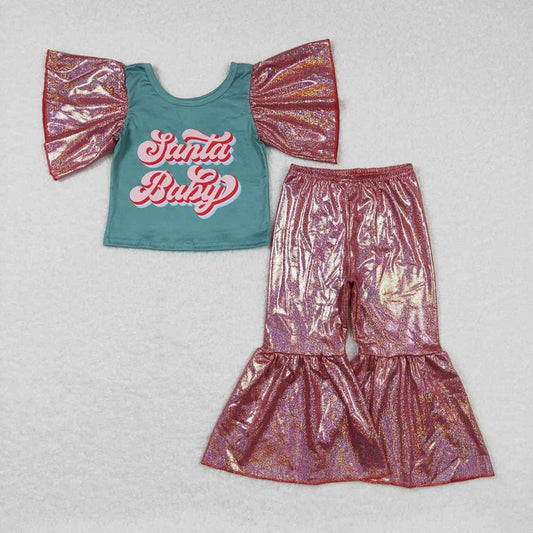 GSPO0832 santa baby brick red satin gold-stamped short-sleeved trousers suit