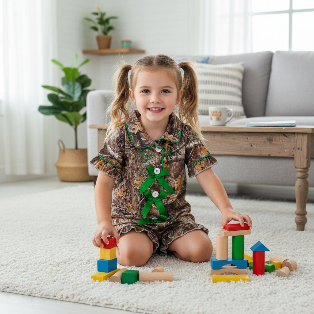 camo bow button down shorts pajama set girls sleepwear