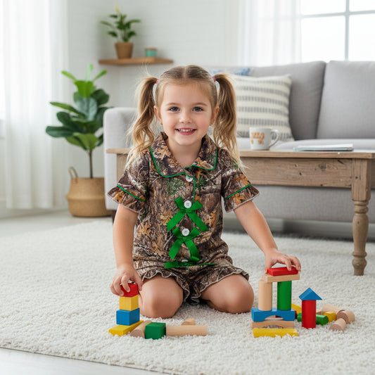 camo bow button down shorts pajama set girls sleepwear