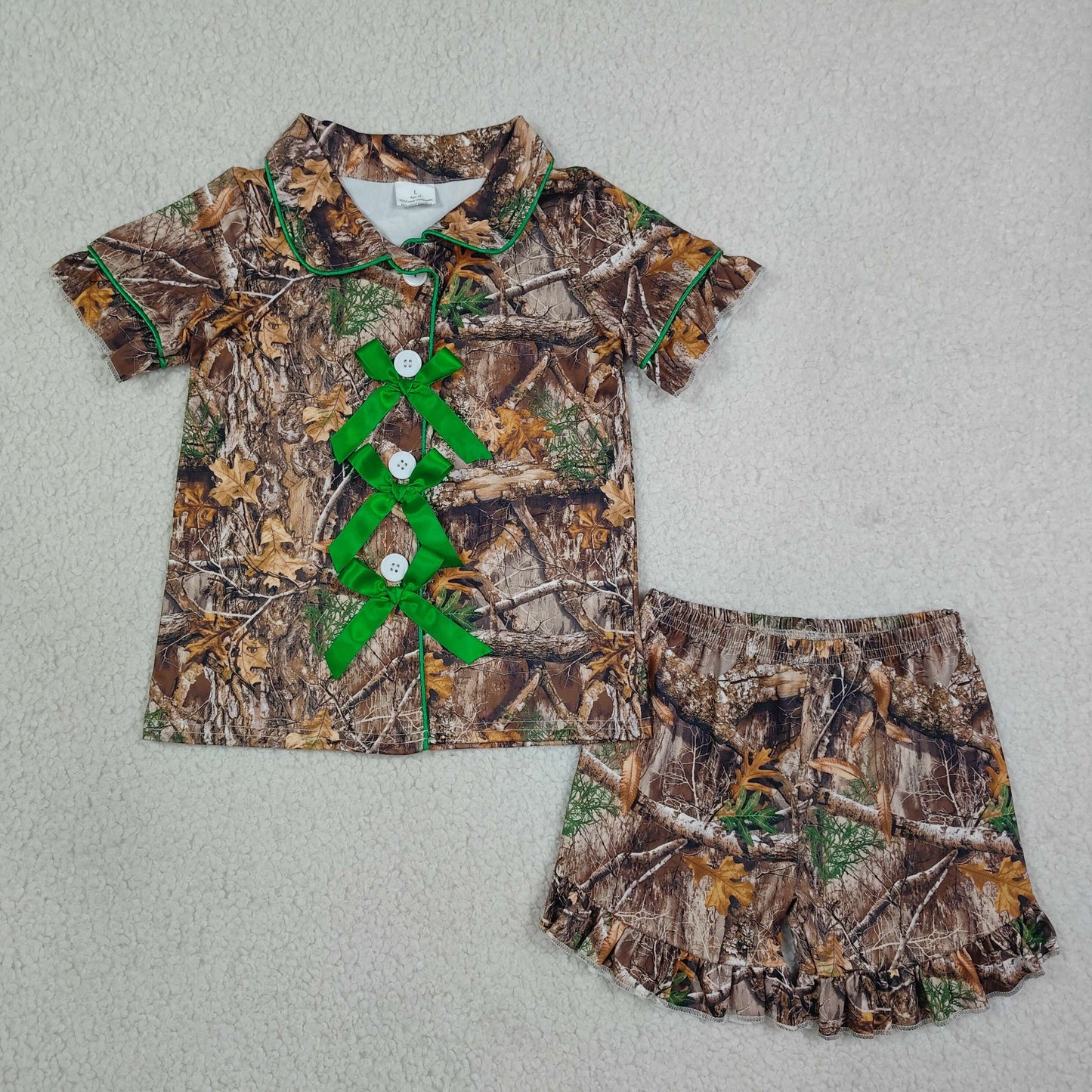 camo bow button down shorts pajama set girls sleepwear