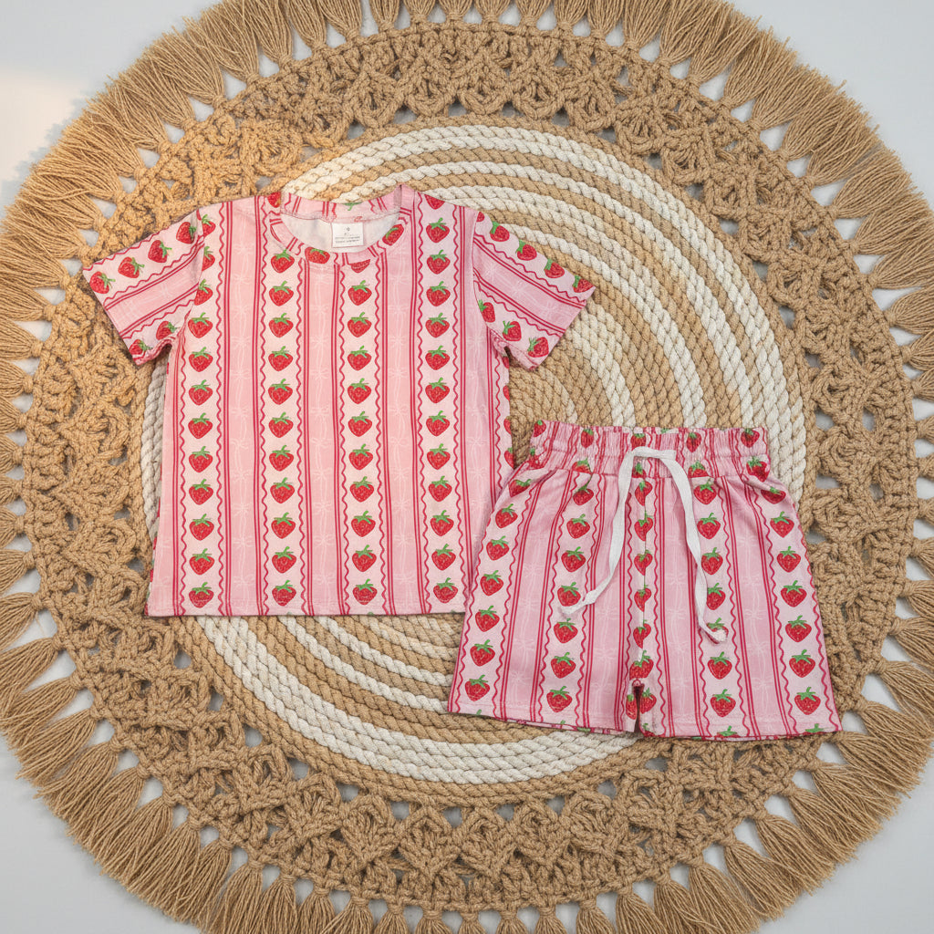 striped strawberry shorts set summer girl clothing