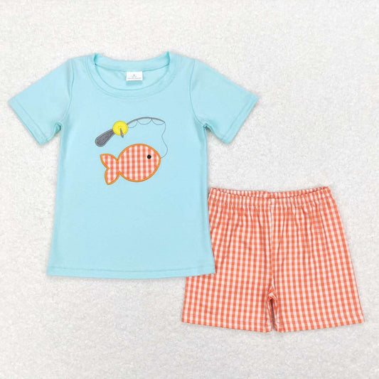 boy easter fishing embroidery plaid shorts set