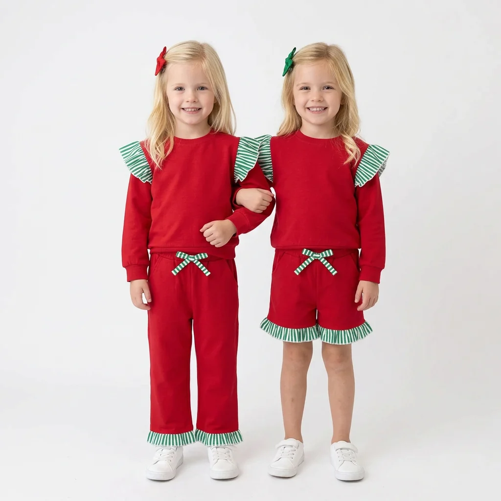 Matching baby girls solid long sleeve ruffle outfits cotton