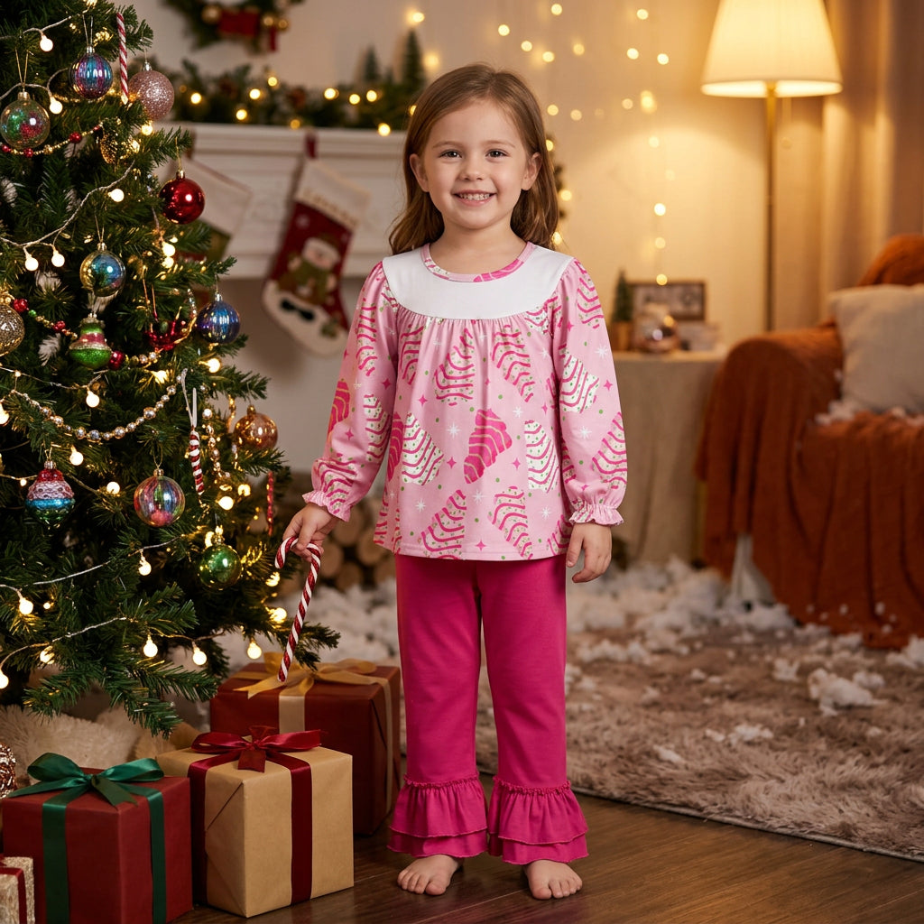 pink christmas tree cake ruffle pants girl outfit
