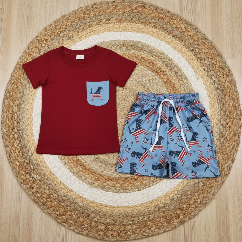 USA flag dinosaur shorts outfit patriotic boys clothing