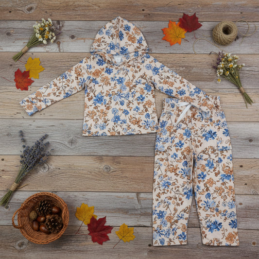 fall flower hoodie work pants set girls outfit