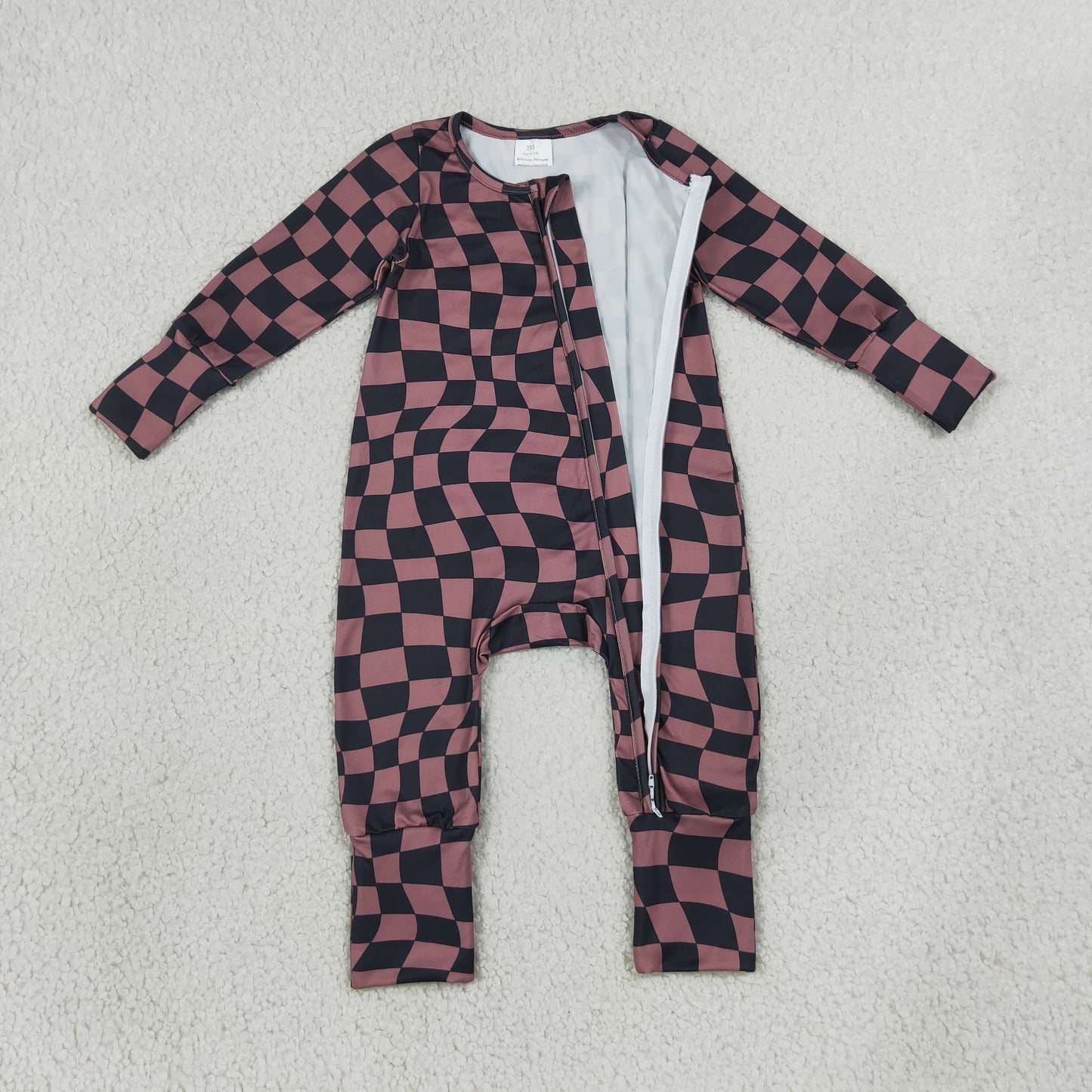 LR3115 long sleeve chocolate wavy checkered zipper sleeper baby clothing