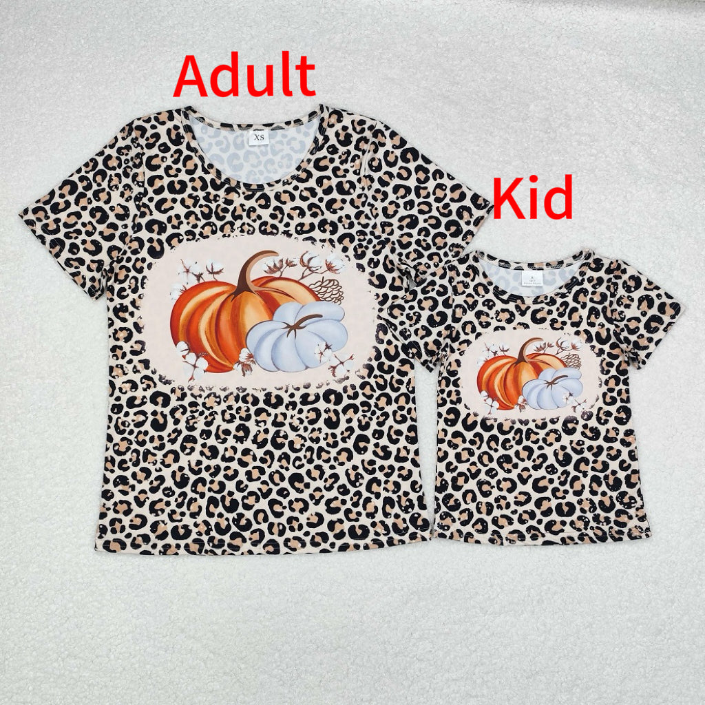 GT0689 Adult Women Leopard Pumpkin Fall Short Sleeve Tee Shirts Tops