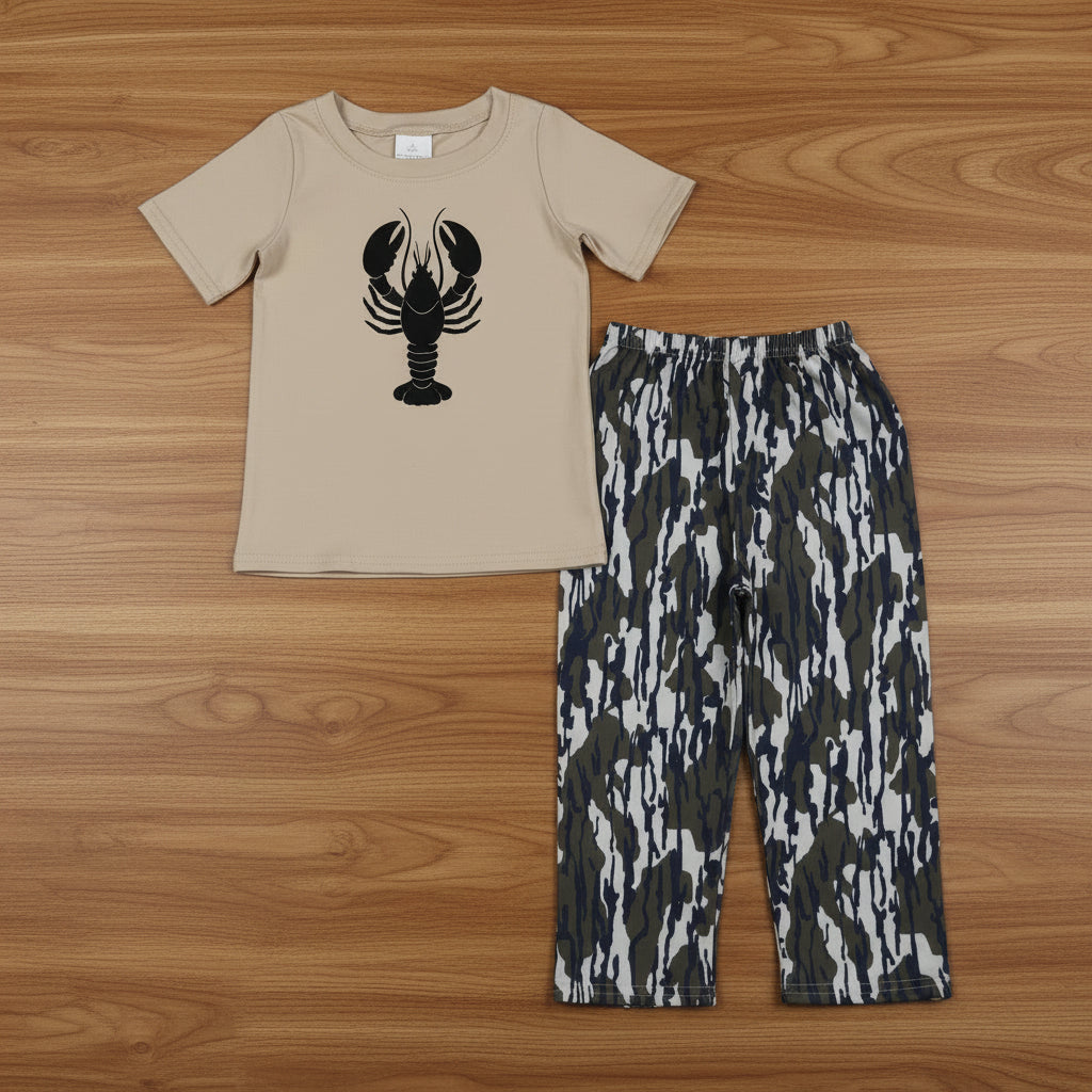 deer embroidery short sleeve camo pants set boy clothes set