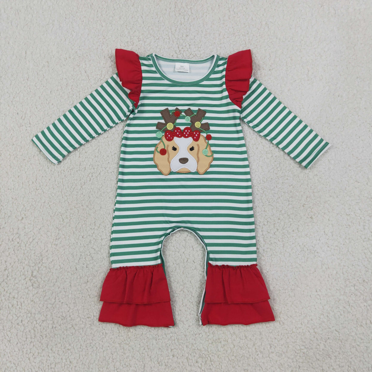 LR3145 embroidered antlers bean dog girl romper