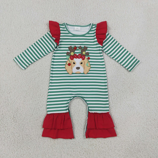 LR3145 embroidered antlers bean dog girl romper