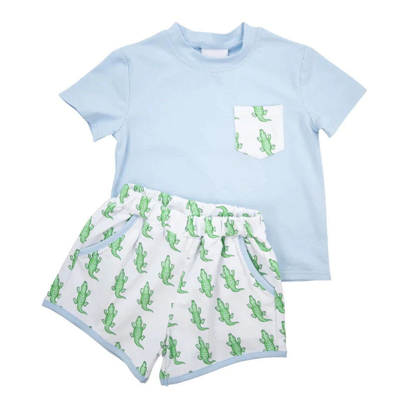 BSSO0782 Croc Pocket Blue and White Short Sleeve Shorts Set