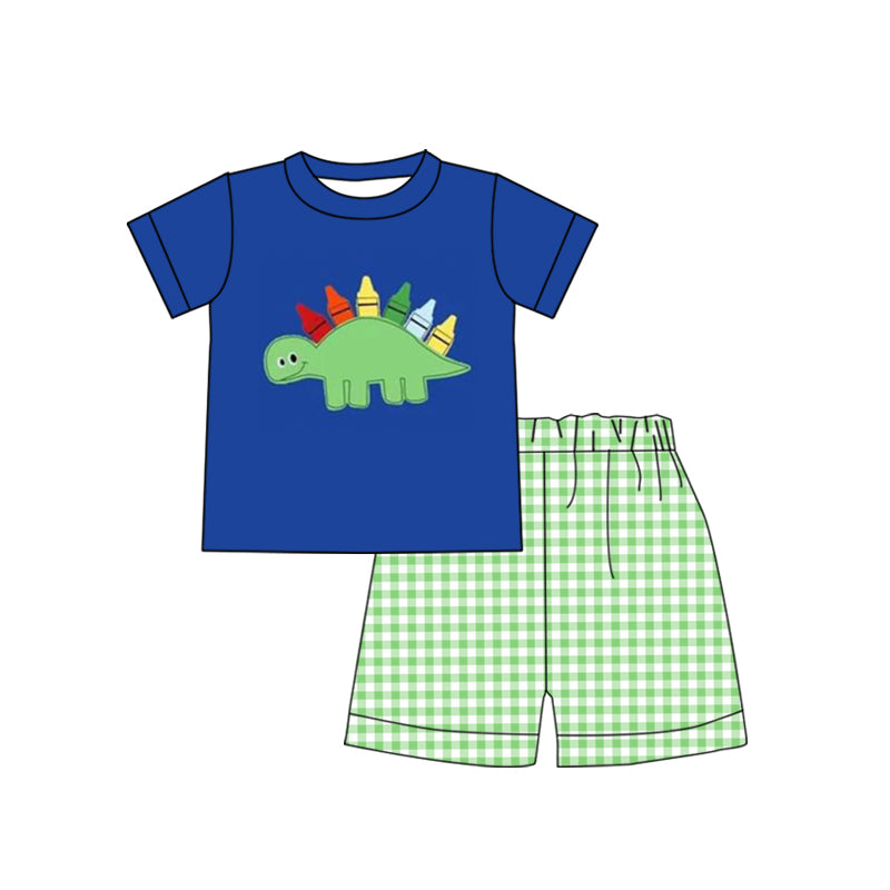 BSSO0805 Color Crayon Dinosaur Blue Short Sleeve Green Plaid Shorts Set