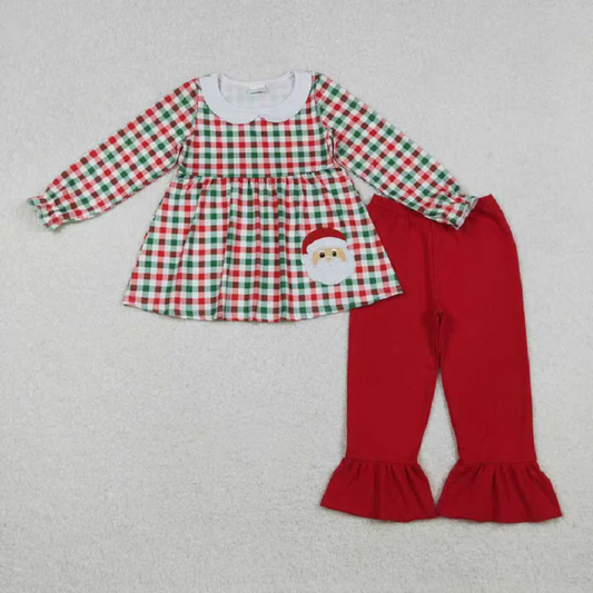 GLP2530 Baby Girls Long Sleeves Red Green Plaid Santa Tunic Ruffle Pant Set