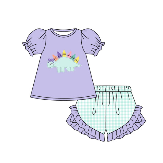 pre-order GSSO1032 Color Crayon Dinosaur Purple Short Sleeve Green Plaid Shorts Set