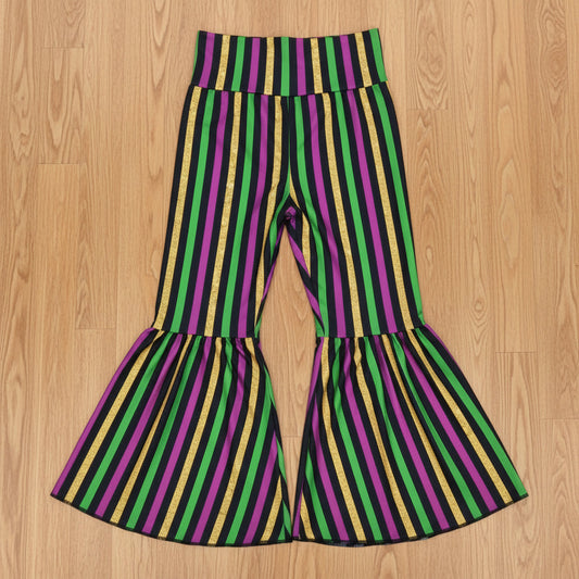 mardi gras girl purple yellow green stripe bell bottom pants