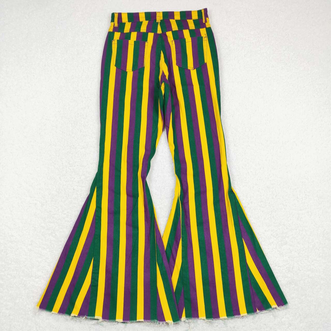 woman mardi gras clothing, green purple yellow stripe denim pants,adult jeans,flare bottom