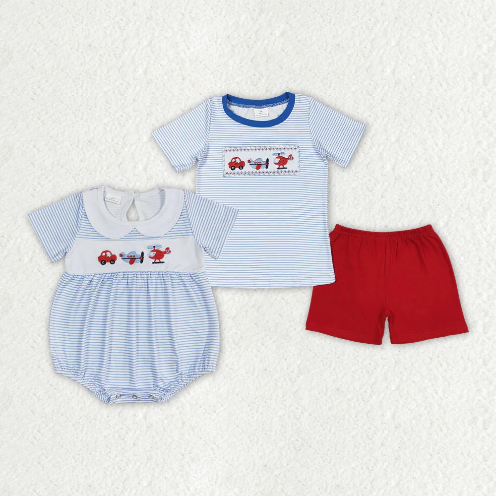 Match Baby Boys Blue Stripes Transpotation Sibling Brother Clothes Sets