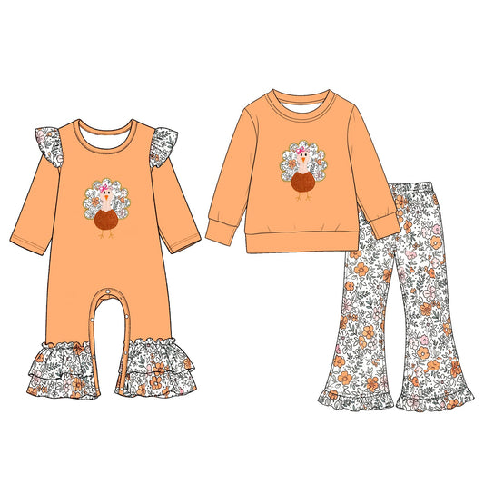 Pre order floral turkey thanksgiving day sibling girl clothing