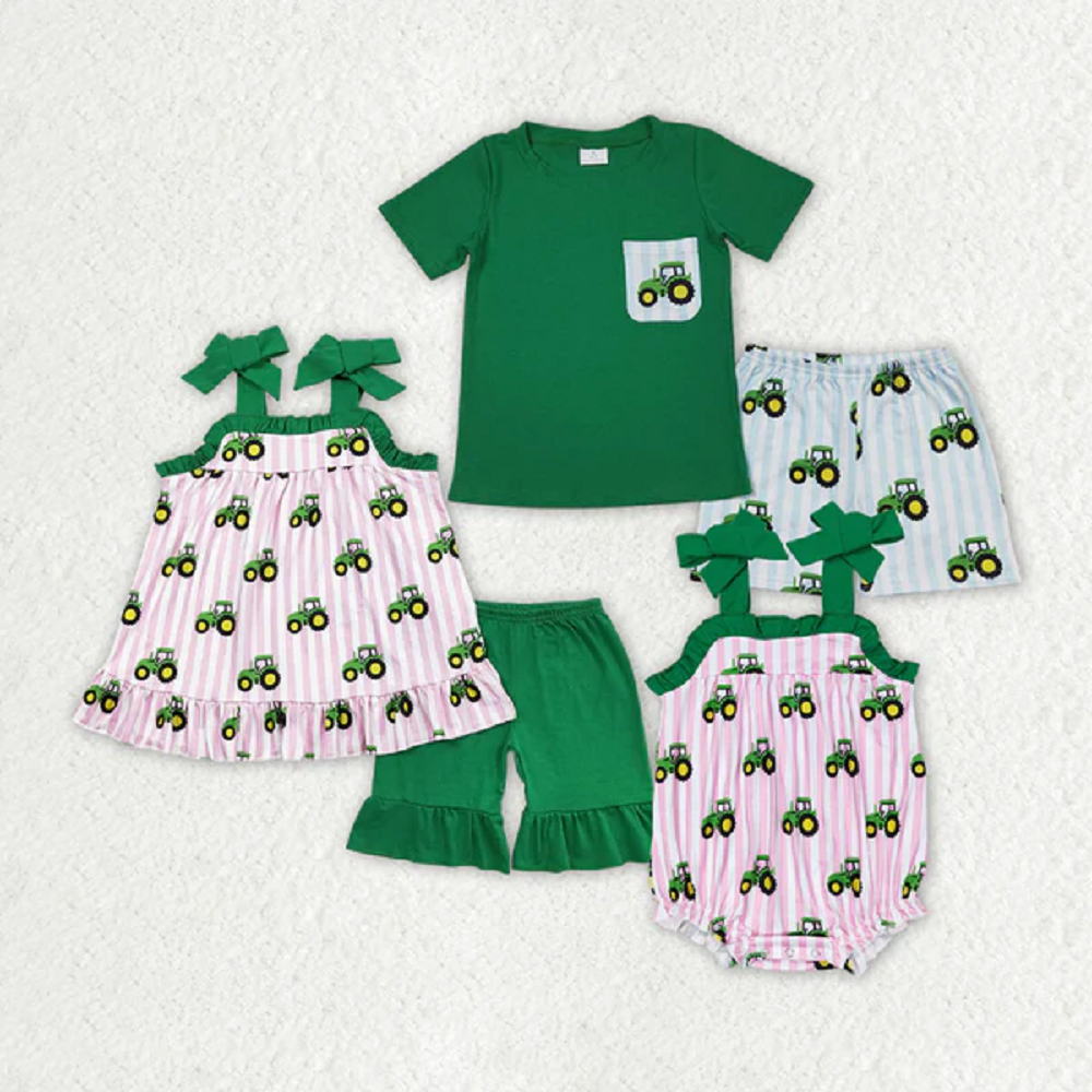 Match Baby Girls Boys Sibling Tractors Rompers Clothes Sets