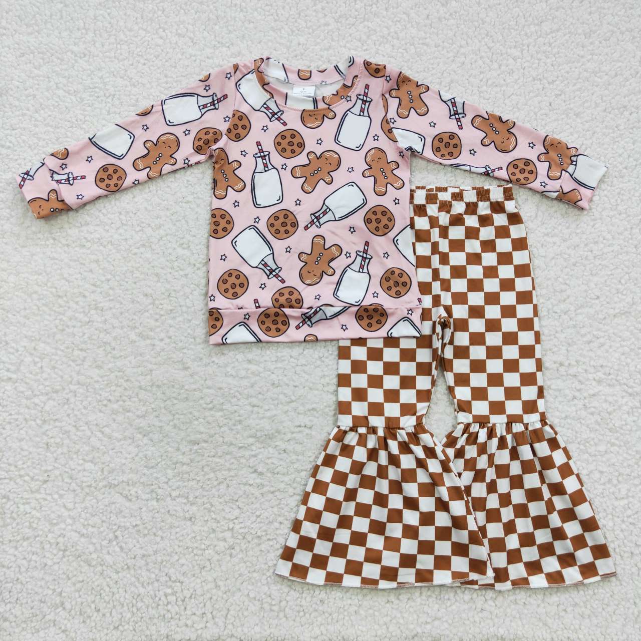 GT0220 Gingerbread Man Milk Biscuit Pink Long-sleeved Top + P0204 White Brown Plaid Milk Silk Trousers