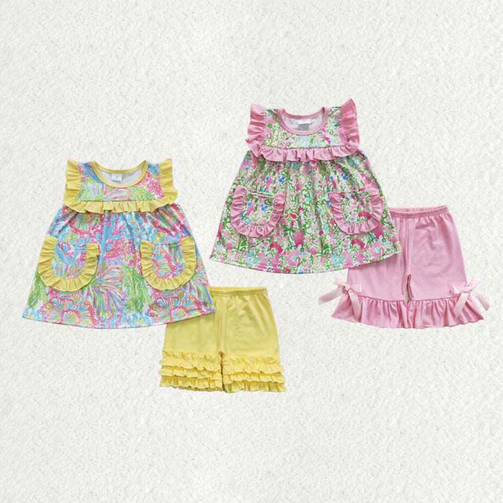 Sibling Baby Girls Sleeveless Watercolor Floral Tunic Ruffle Shorts Set D 6.28