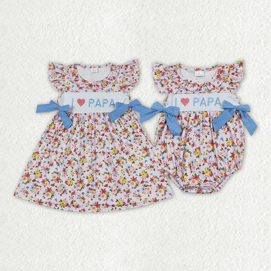 Match Baby Girls I Love Papa Floral Bows Rompers Dresses